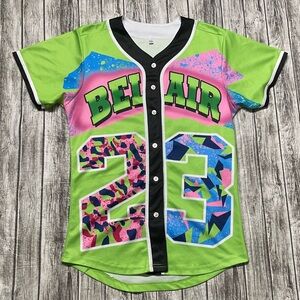 Adult Small 90s Themed Belair #23 Neon Bright Button Down Jersey Style Top